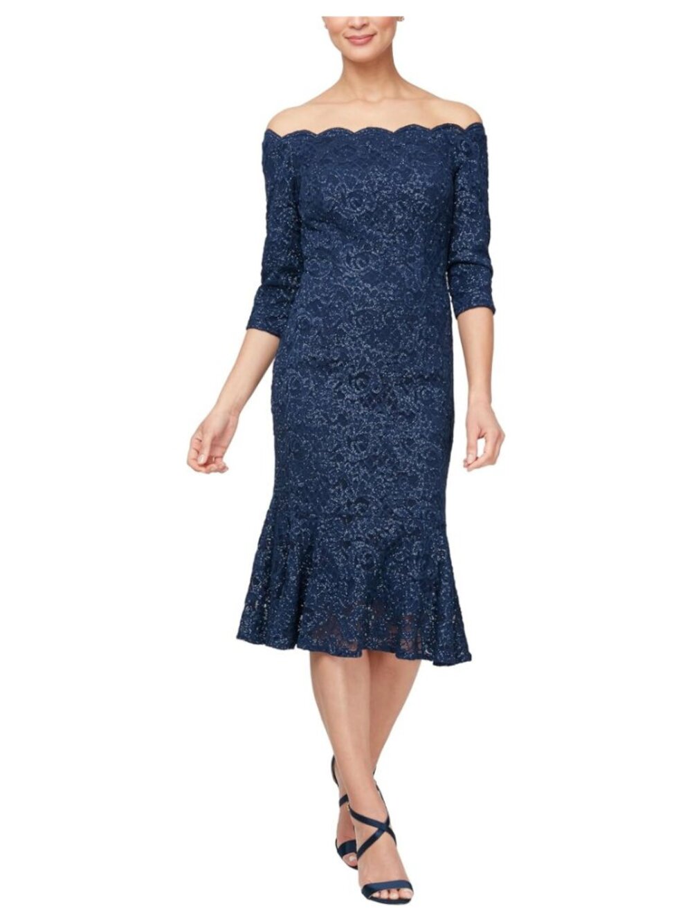 ✨ Alex Evenings Short Off The Shoulder Lace Cocktail Dress 12 Navy NWT